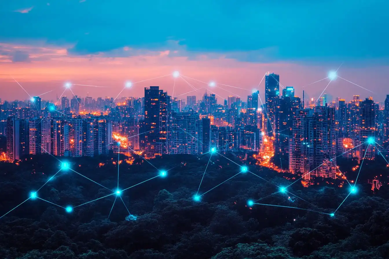 Smart city skyline with digital network connections