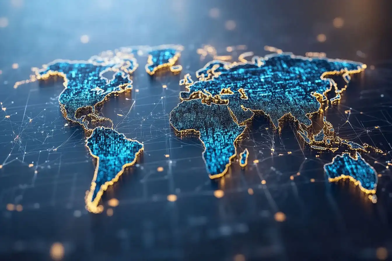 Glowing digital world map with network connections