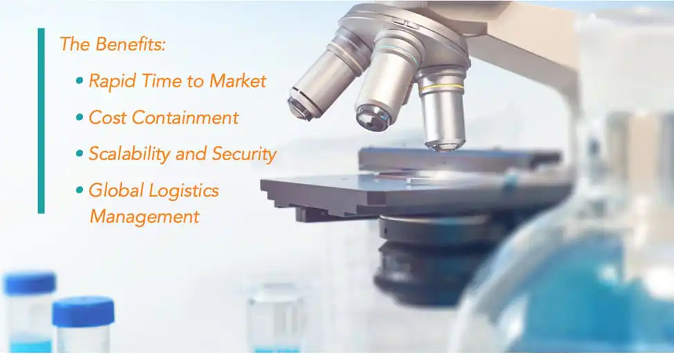 Laboratory microscope with business benefits text overlay