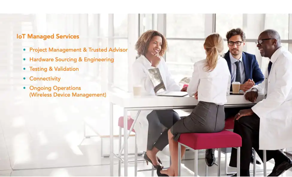 Business team discussing IoT managed services in office