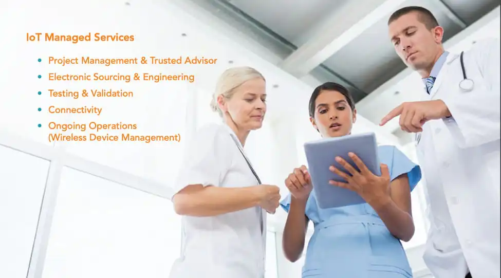 Medical team reviewing tablet with IoT services text
