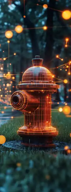 Glowing digital fire hydrant in forest setting