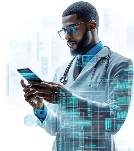 Doctor using smartphone with digital health interface