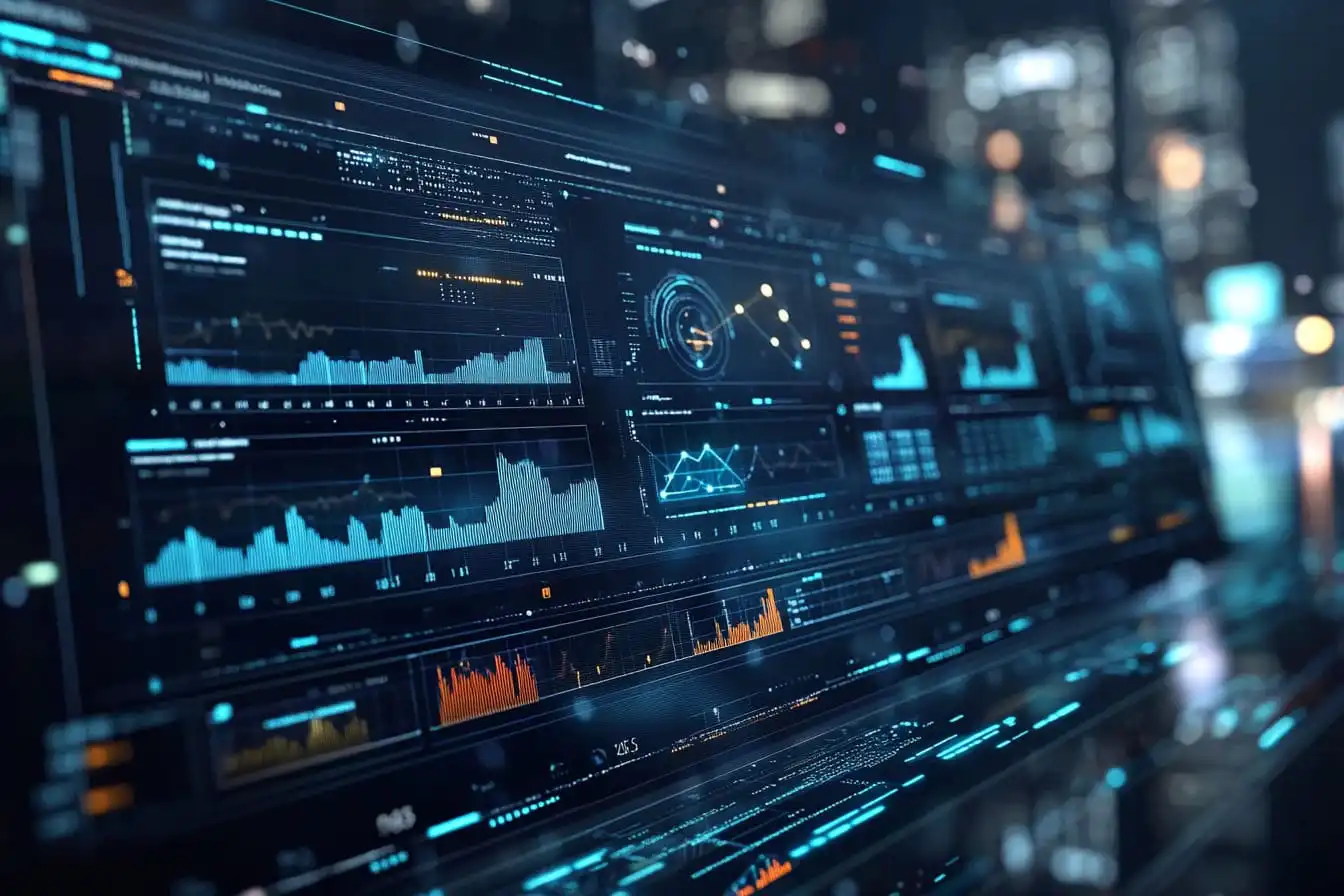 Futuristic data analytics dashboard with charts and graphs