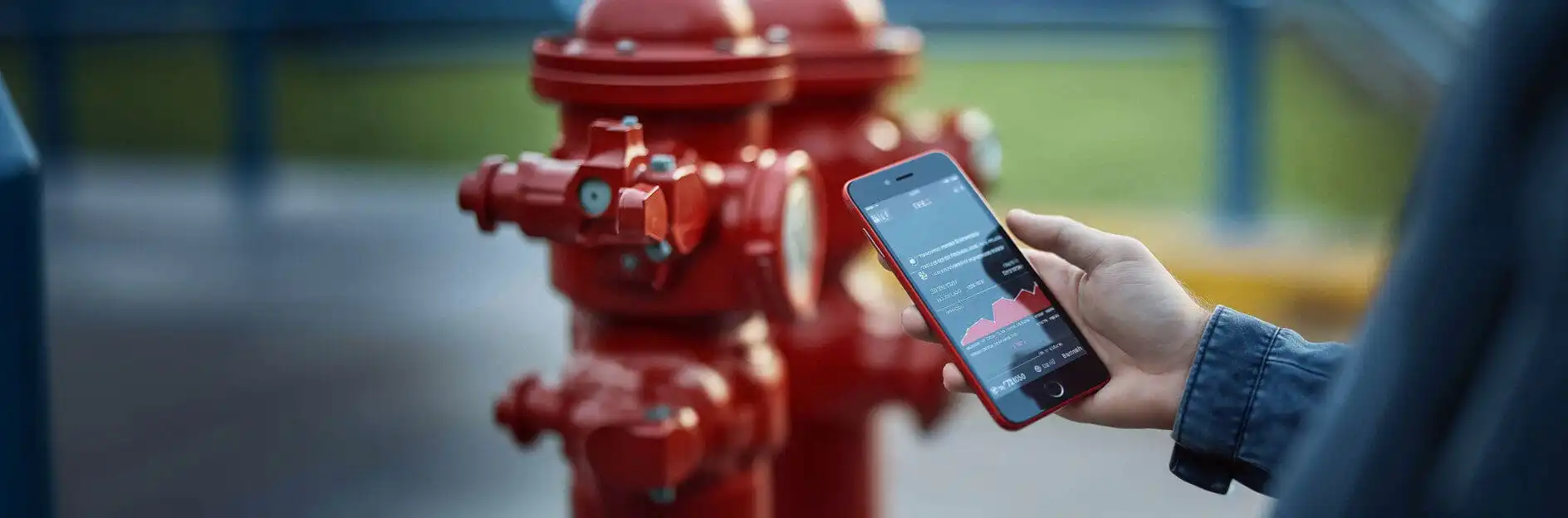 Hand holding smartphone near red fire hydrants
