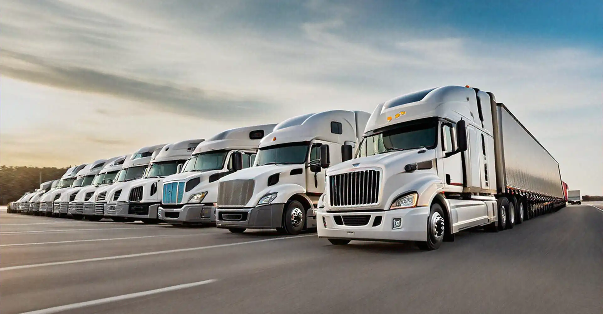 Row of white semi trucks parked on highway
